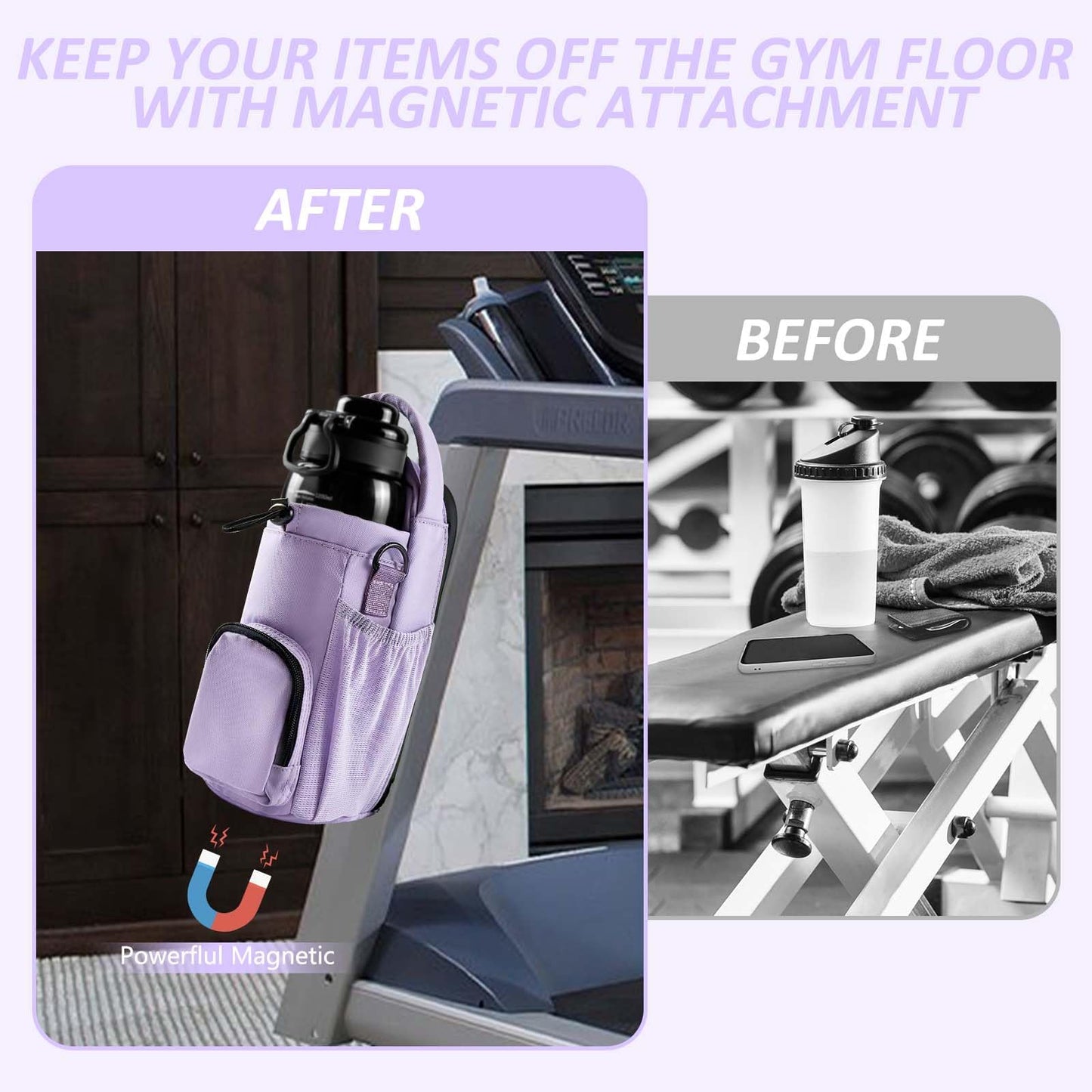 JACZZO Magnetic Gym Bag for Men and Women, Small Crossbody Gym Bag, Water Bottle with Phone Holder, Gym Gifts for Women (Purple)
