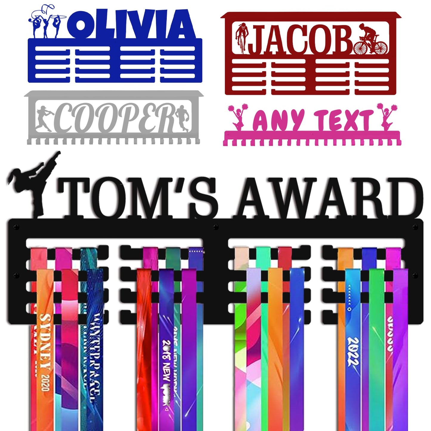 Xiuyours Personalized Medal Holder with Name Quote Custom Hanger Display for Awards Ribbons Wall Gymnastics Runners Boys Girls Kids Customized Gift Sports Display Metal Medal Rack