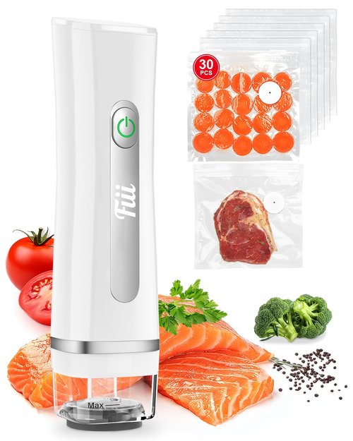 FIII Vacuum Sealer with 30 Reusable Bags for Food, Powerful Handheld Vacuum Sealer Machine with Visible Water Tank, One Touch Kitchen Storage and Preservation (white & gray)