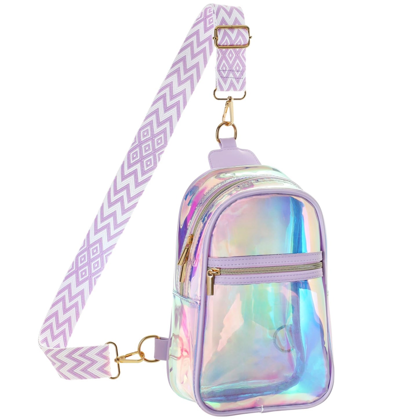 PACKISM Semi-Transparent Holographic Sling Bag for Women - Fashion Purse Iridescent Crossbody Bag for Music Festivals Raves with Jacquard Strap, Purple (Check Venue Rules Beforehand)
