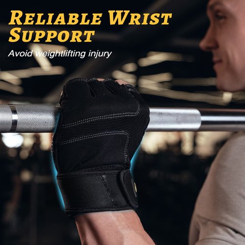 Glofit Workout Gloves with Wrist Wrap Support for Women & Men, Weight Lifting Gloves Fingerless Gym Gloves for Cycling, Training, Push-up (Black, L)