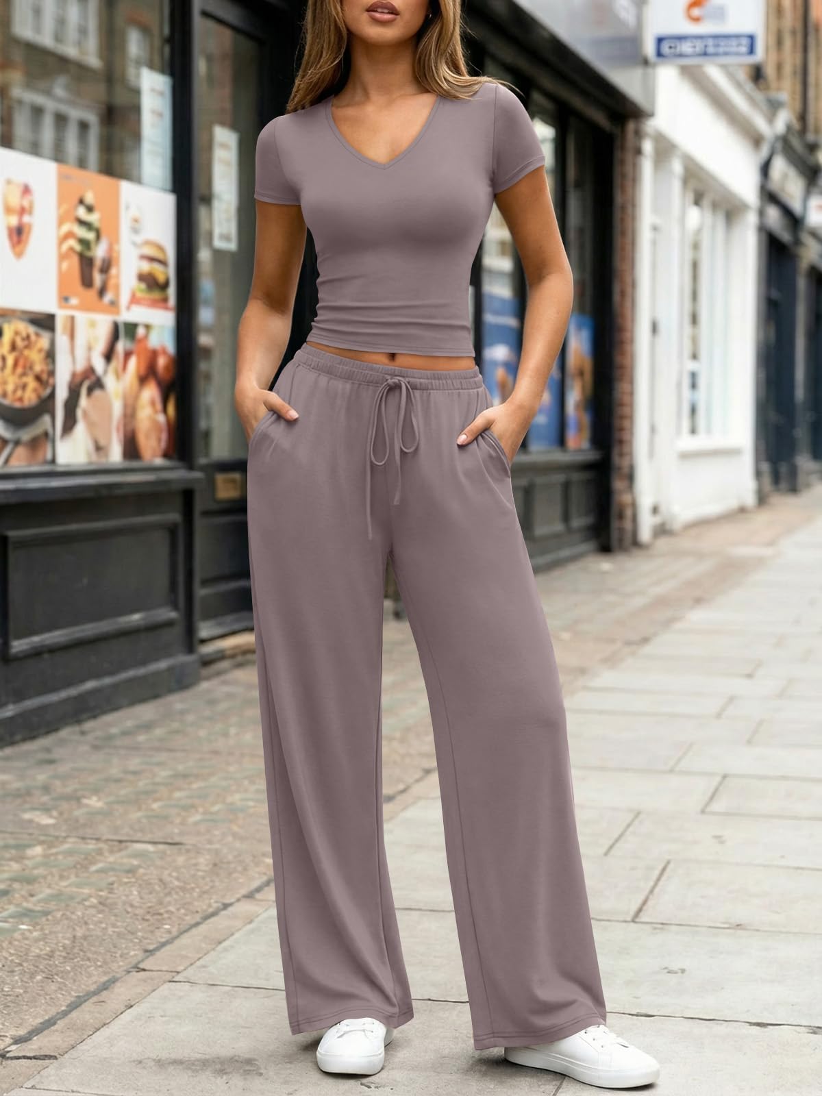 Trendy Queen 2 Piece Lounge Sets for Women Summer 2026 Two Piece Matching Loungewear Sweat Sets Spring Fashion Travel Airport Outfits Sweatsuits Casual Cute Clothes Track Suits Rose Taupe M