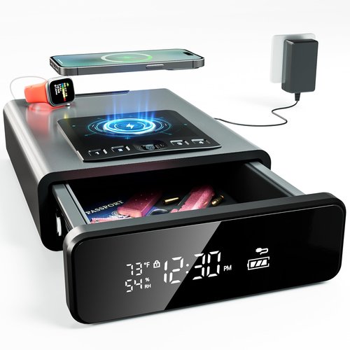Mboko Biometric Discreet Gun Safe with 12-Hour Time Clock Display, Wireless Charging Gun Safe for Handgun with Adjustable Brightness, Backlit Keypad, LED Light, and Auto Pop-up Access