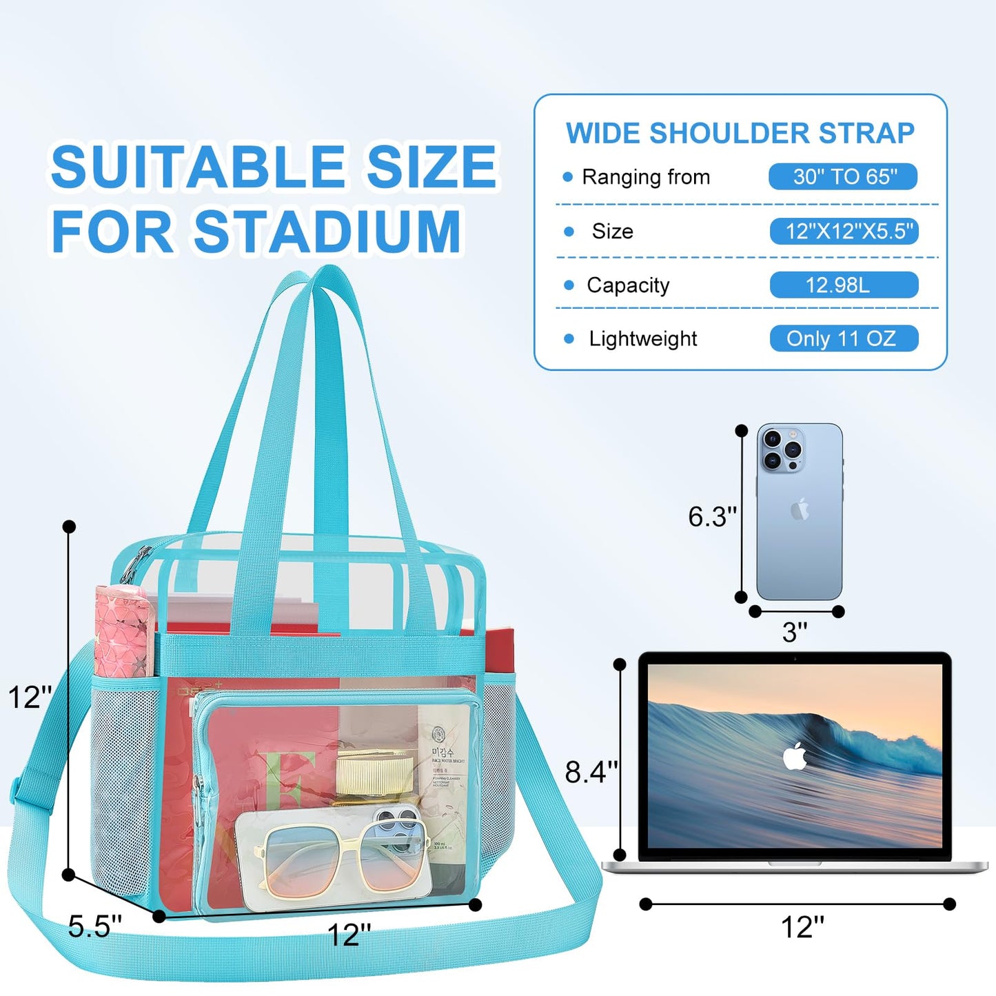 Busiuw Clear Bag for Stadium Events, Stadium Approved 12x12x6 Clear Tote Bag with Reinforced Straps for Sport Fan, Work Concert Travel(Aqua)