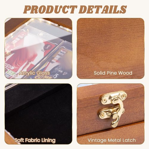 Card Display Case with Battery-Powered LED Strip, Graded Card Display, Sports Card Case, Holds 70+ Graded Cards, Wood Storage Box with Drawer, Dividers, Fits Toploader & Slabs