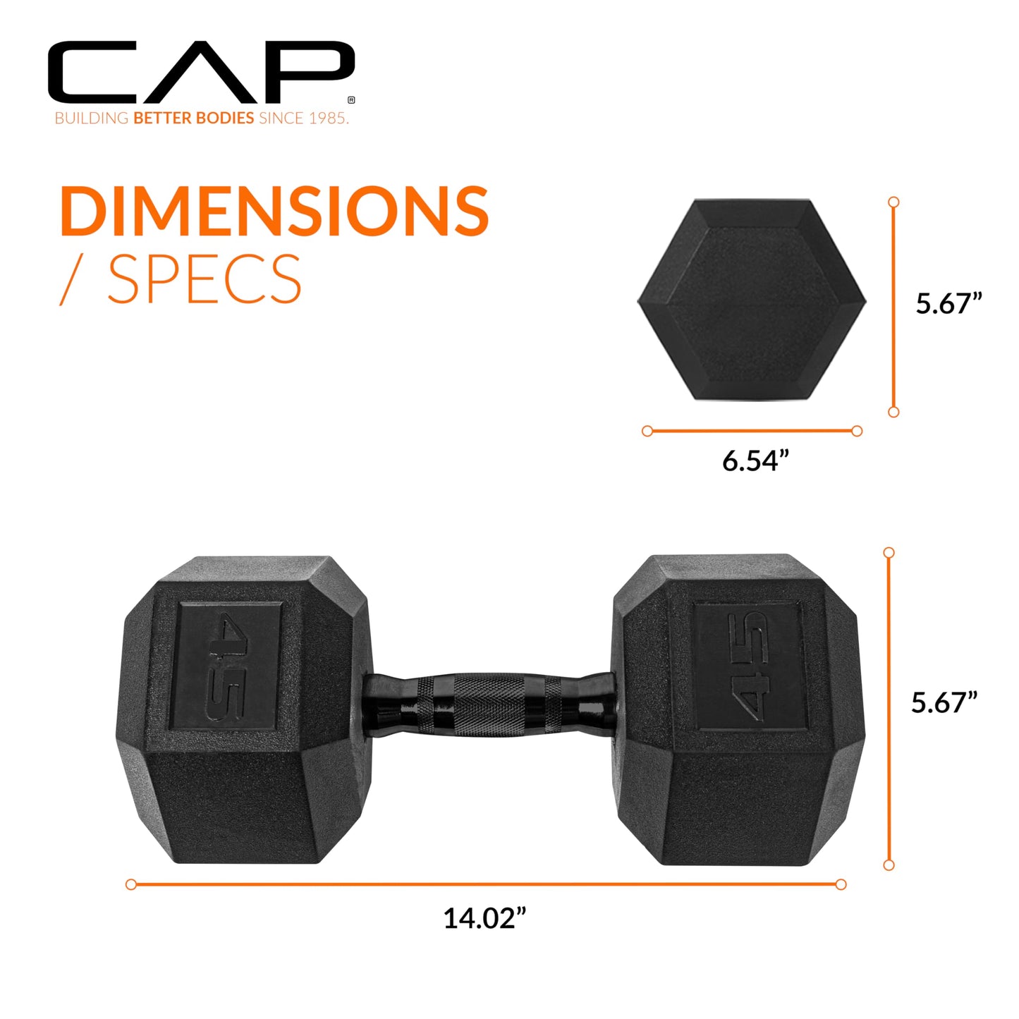 CAP 45lb Rubber Coated Hex Dumbbell, Black Grip, Free Weights, Single