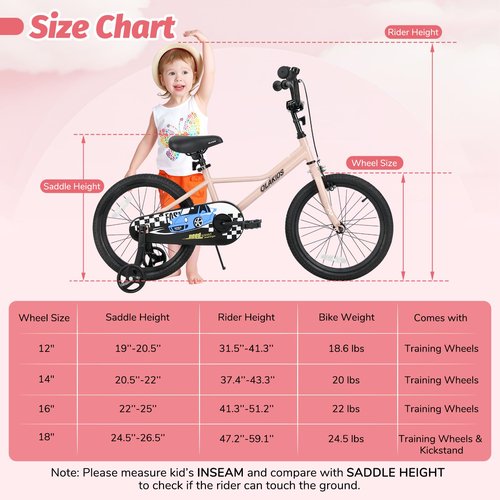Olakids Kids Bike, 12 14 16 18 Inch Toddlers Bike with Training Wheels Safety Bell Adjustable Seat and Handlebar Handbrake and Coaster Brake, Children's Bicycle for Boys Girls (18 Inch, Pink)