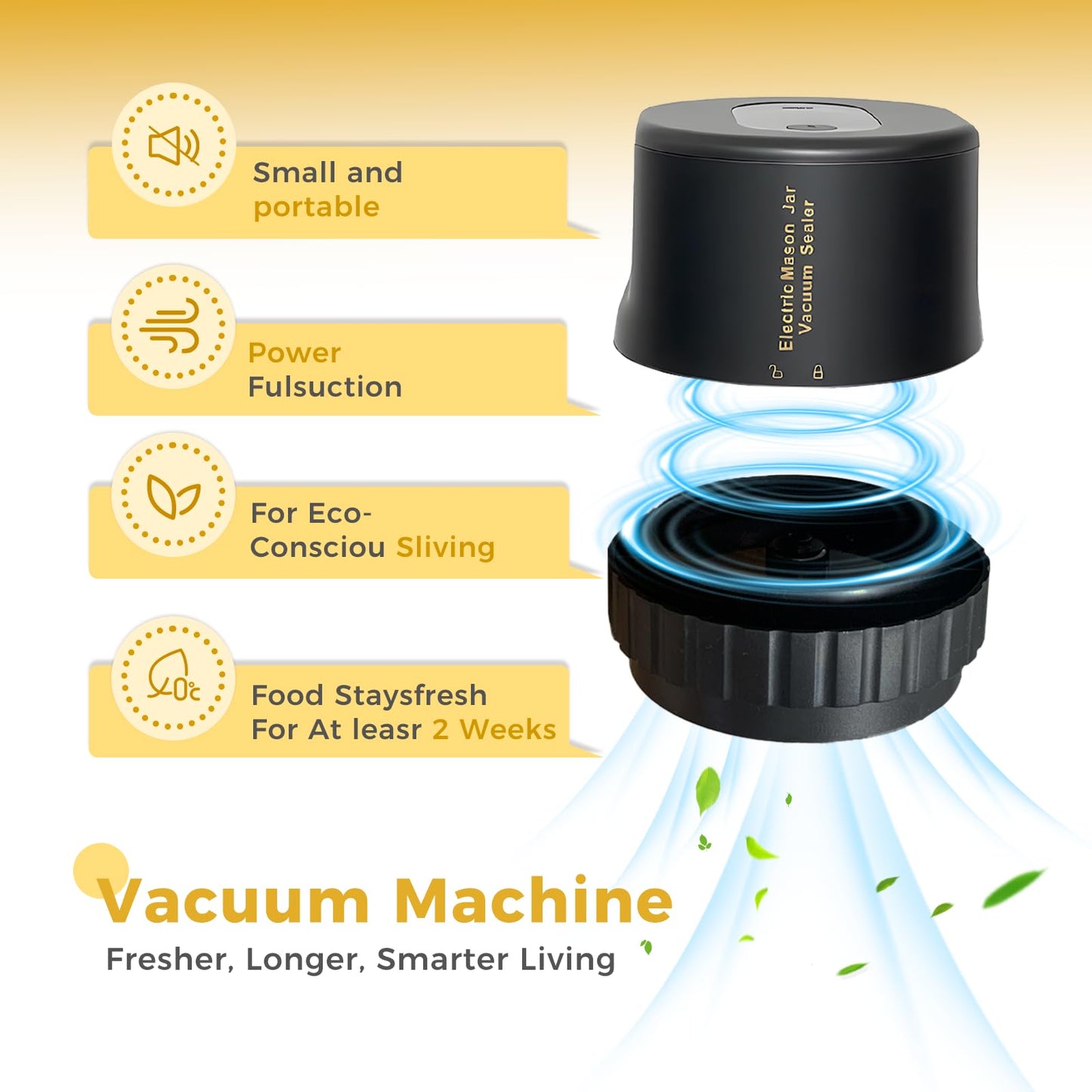 HAPIGO One-Touch Automatic Vacuum Food Sealer Machine for Cans Mason Jars Containers USB Rechargeable Portable Electric Air Sealer for Home Use & Food Preservation Your Kitchen's Best Friend