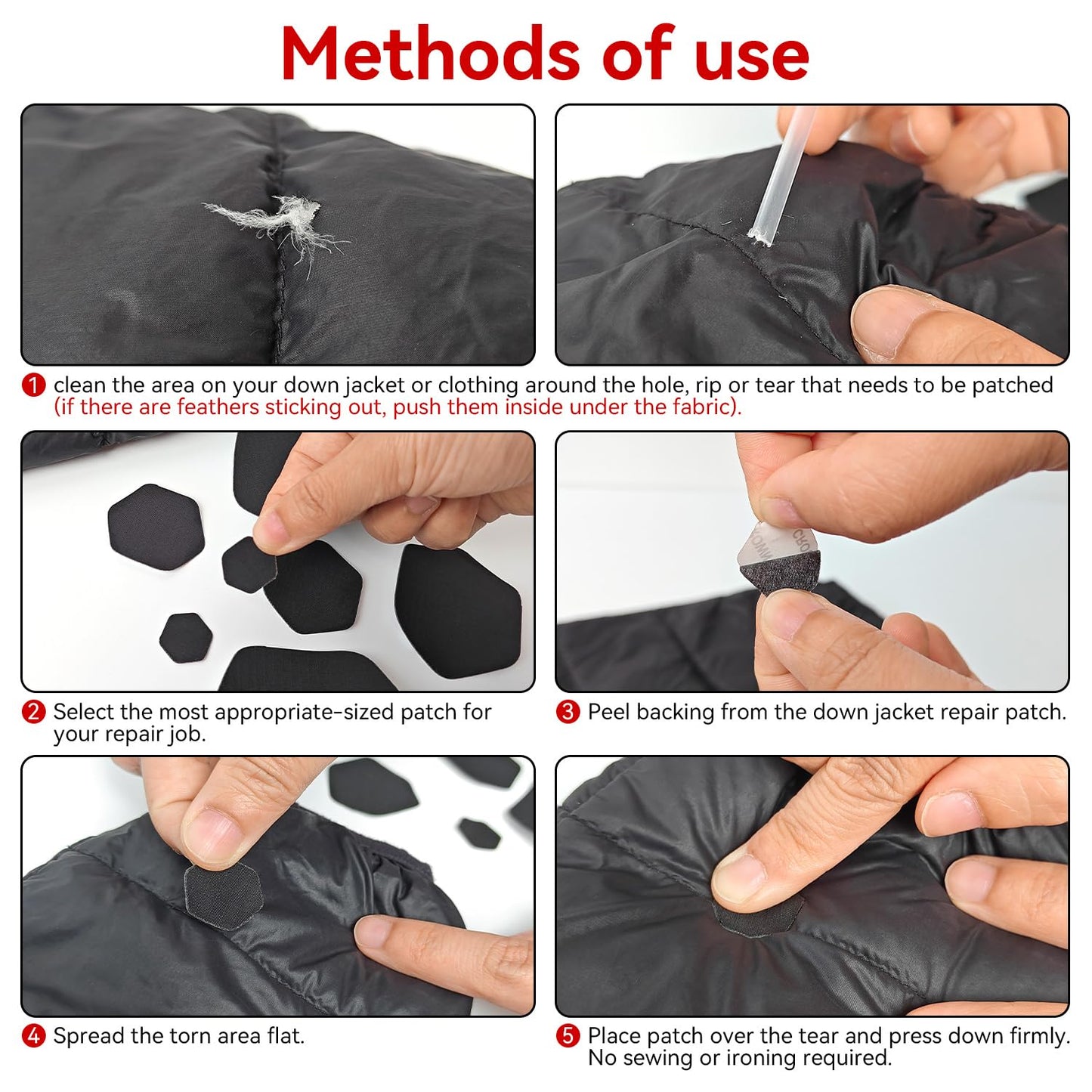Harsgs Down Jacket Repair Patches, Self Adhesive Nylon Repair Patch, Pre-Cut Waterproof Repair Patches for Down Jackets Coats Clothing Tents Sleeping Bags,Black 8pcs