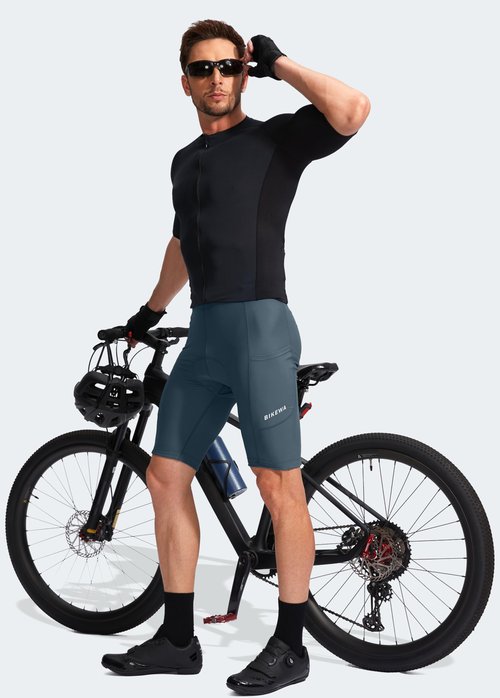 Men's Bike Shorts 3D Padded Cycling Road Biking Underwear Mountain Riding Biker Bicycle UPF 50+ Cycle Shorts Zipper Pockets(Blue Grey,L)