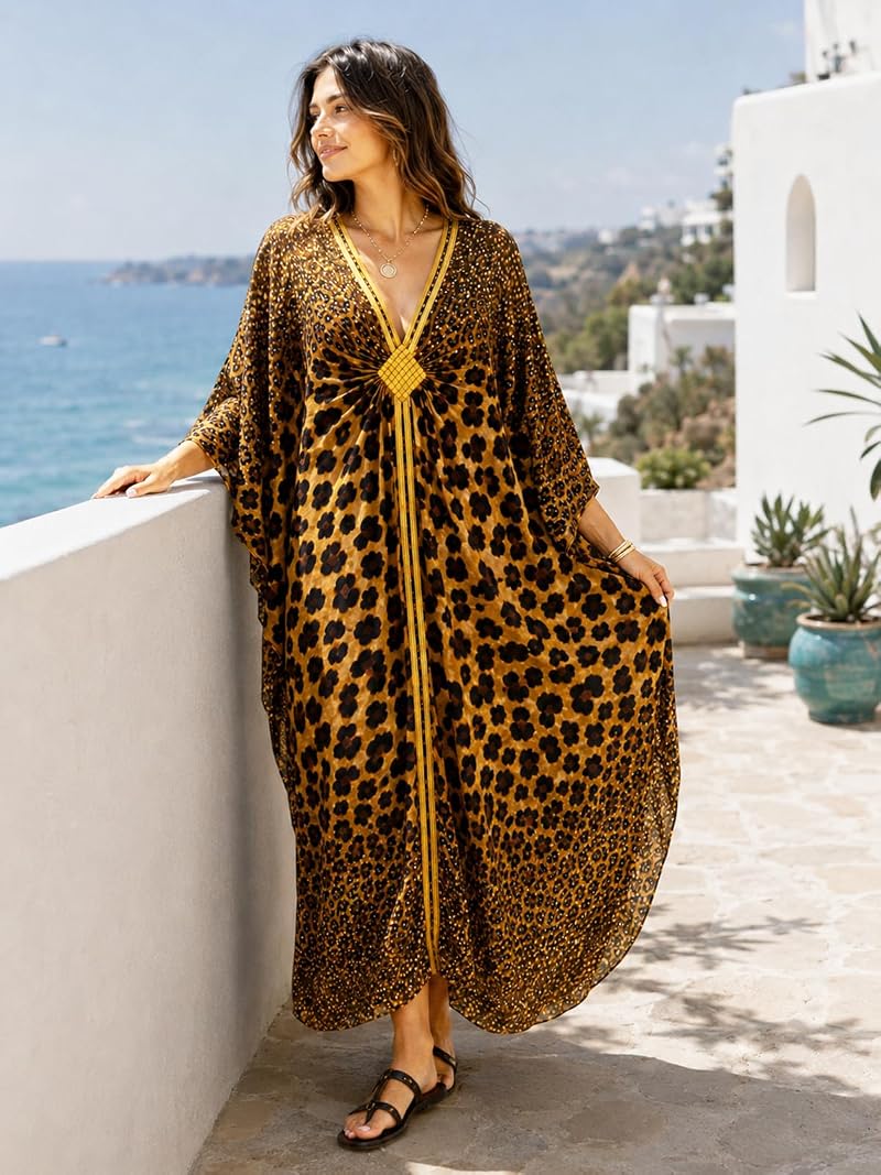 Plus Size Kaftan Dress for Women with Batwing Sleeves – Gradient Leopard Print