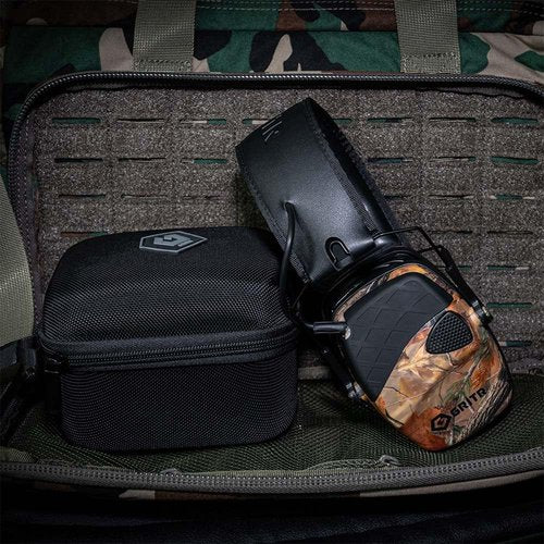 GRITR Electronic Hearing Protection w/EVA Case - Ear Muffs for Noise Reduction w/ 5X Sound Amplification - Personal Protective Equipment & Safety Gear for Shooting, Hunting, Industrial Work, Camo