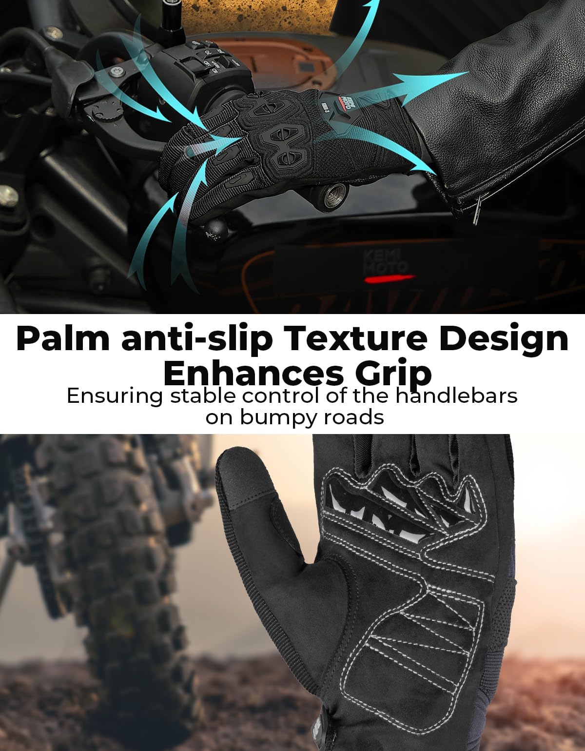 KEMIMOTO Dirt Bike Motorcycle Gloves for Men Women, Touchscreen with Silicone Protective for Outdoor Sports On-Road Off-Road Gloves Motorcross Motorbike Mountain Bicycle Racing ATV UTV