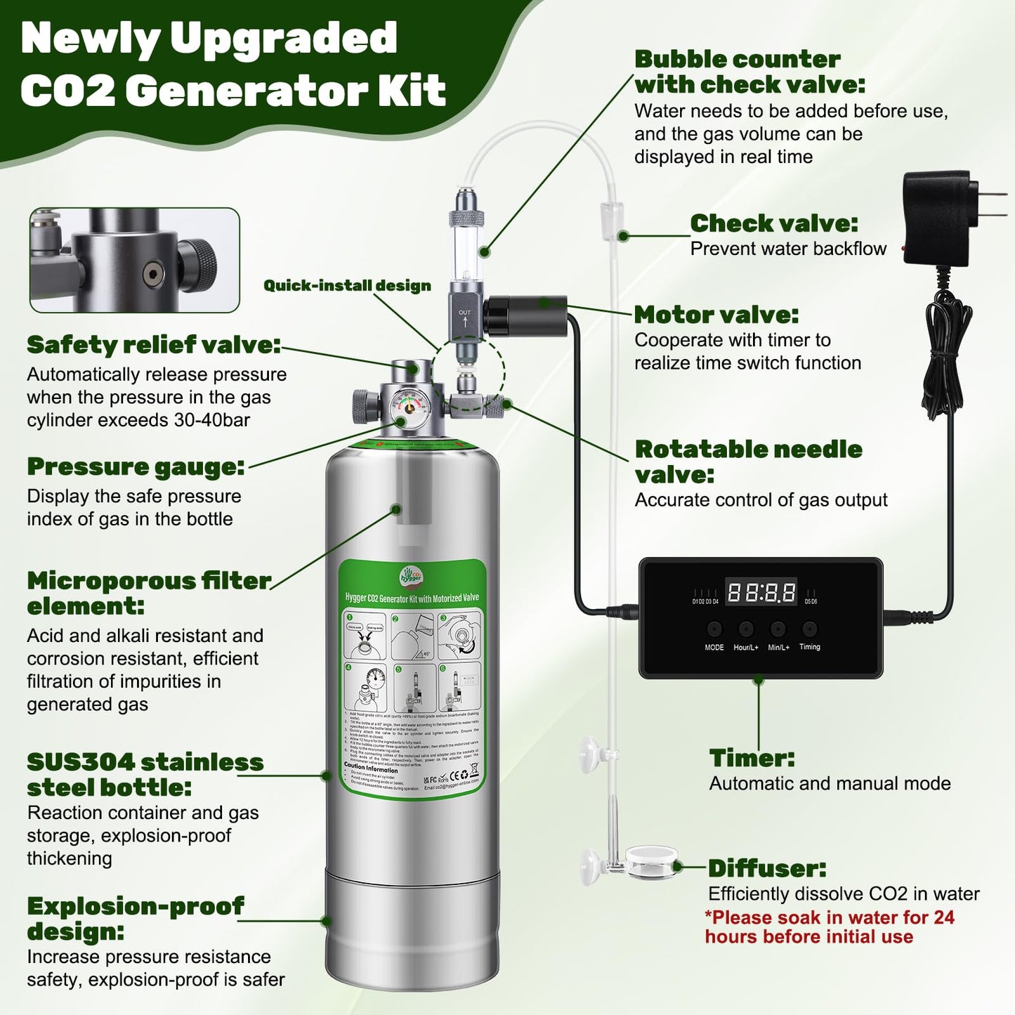Upgraded 2L/5L Aquarium CO2 Generator System with Timer-Enabled Motor Valve, Upgrade CO2 System Kit with Quick-Release Structure for Aquarium Plants Tanks (2L)