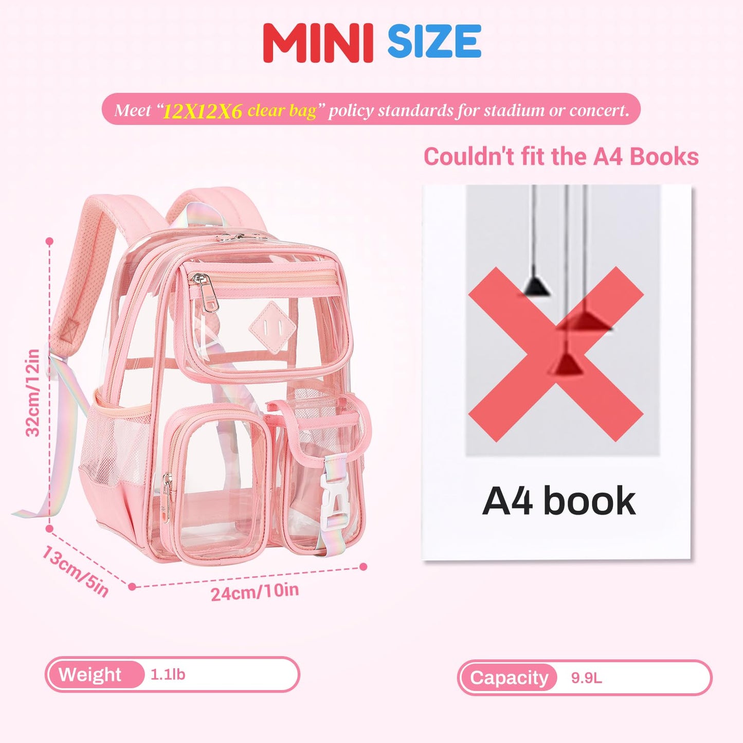 PIG PIG GIRL Mini Clear Backpack for Stadium Events, Small Clear Bag for Child for Festival Concert,Pink(Not Fits School)