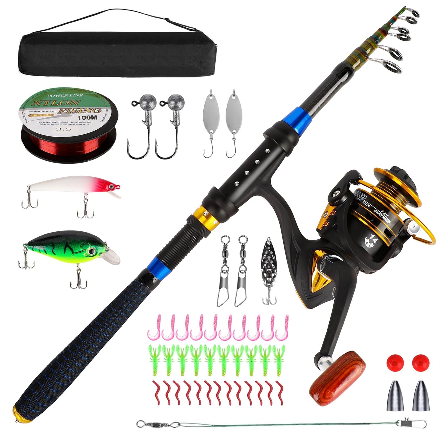 Kids Fishing Pole Set, Telescopic Fishing Rod and Reel Combo Kit for Kids/Youth, Fishing Pole for Beginners with Spincast Fish Reel, Fish Tackles, Fish Lures, Fish Lines 【Ambidextrous】