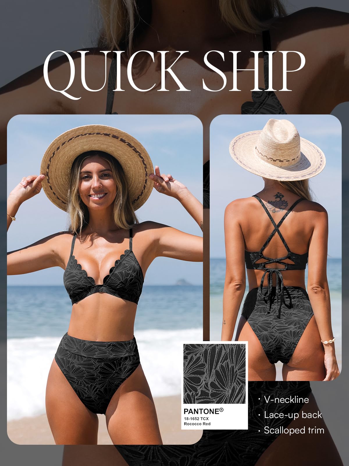CUPSHE Bikini Set for Women Bathing Suit High Waisted Scalloped V Neck Two Pieces Swimsuit, M Black
