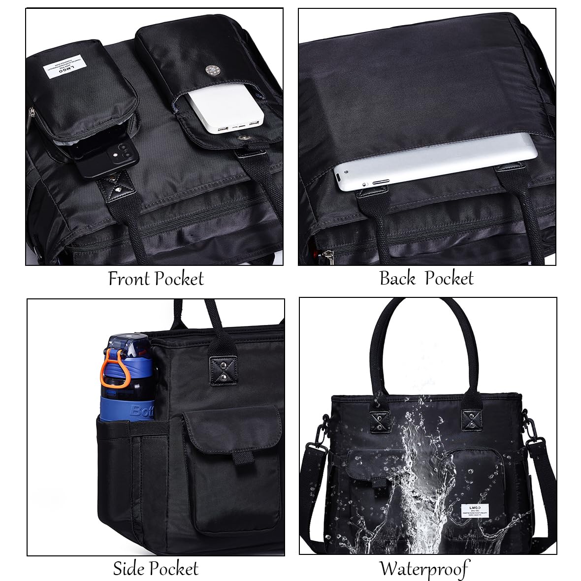 LMGO Large Utility Tote Bag with Multi-pockets and Compartment for Women, Crossbody Shoulder Bags with Zipper for Work, Travel Essentials for Nurse Teacher Carry On - Black