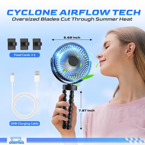 Rechargeable Golf Cart Fan, 12000mAh Stroller Fans, Adjustable 4 Speeds, LED Light, Power Bank, 360° Rotation, Portable Clip on Fans with Flexible Tripod for Club Car EZGO YAMAHA (1PCS Golf Cart Fan)