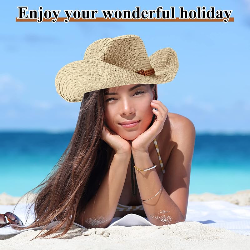 12 Pcs Beige Straw Cowboy Hats for Men & Women - Wide Brim Western Sun Hats (Variation: Beige)