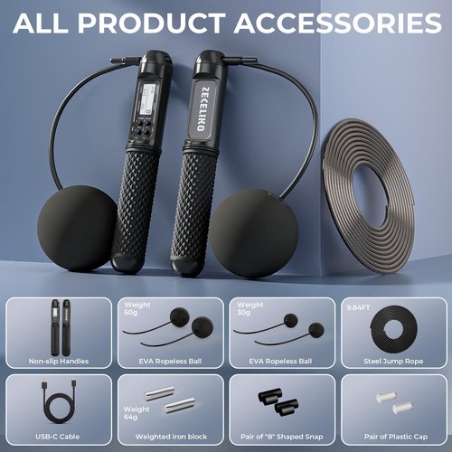 ZECELIKO Smart Jump Rope with LED Display and Jump Counter, Weighted Cordless Design for Home Gym & HIIT, Adjustable Steel Wire for Fitness, Tracks Jumps, Calories & Time, for Men, Women & Kids