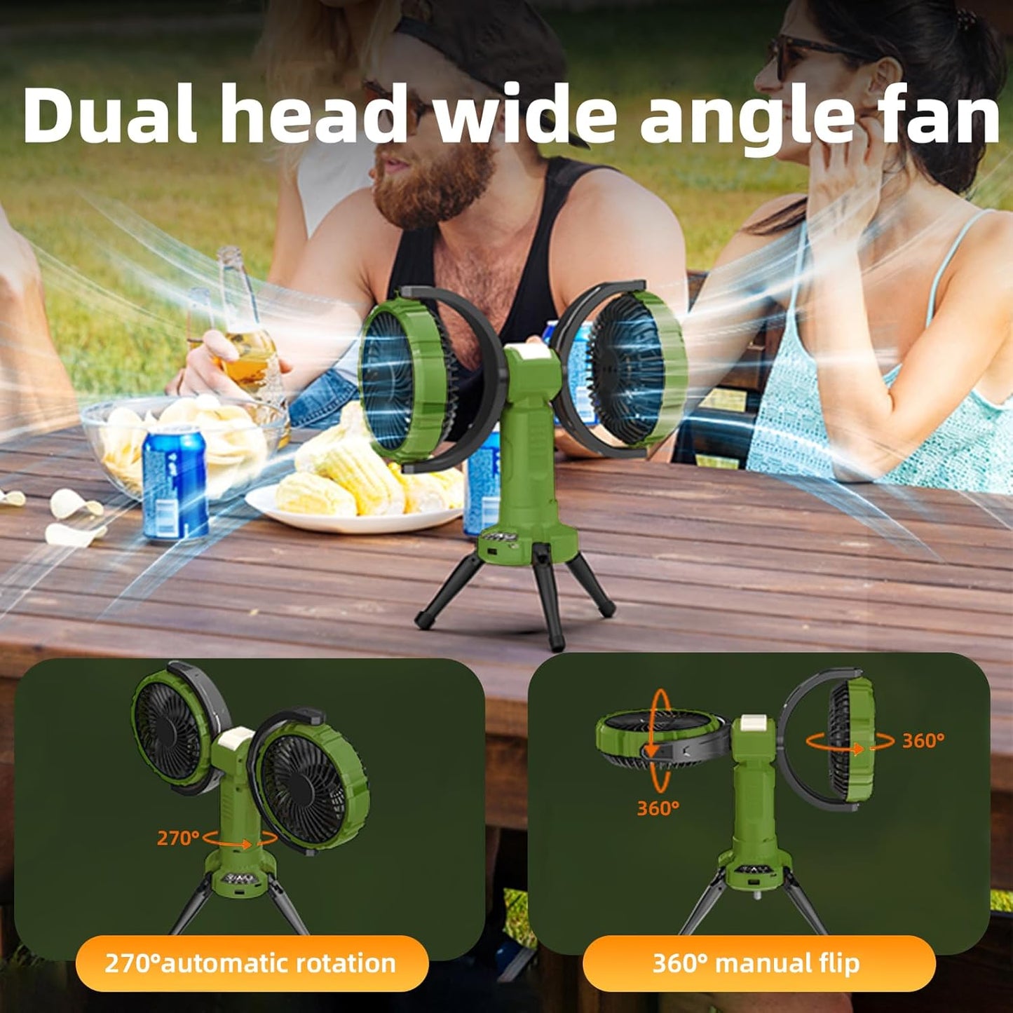 3 in 1 Portable Camping Fan with LED Light,8000mAh Rechargeable Battery Powered Fans with Hanging Hook for Tent,360°Head Rotation,4 Speeds,Camping Essentials Outdoor for Travel Fishing BBQ