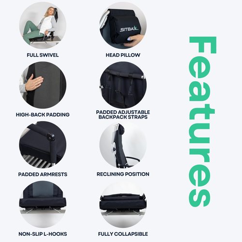 Padded Bleacher Seat – The Ultimate Reclining Stadium Chair with Full Back & Neck Support and 360° Swivel – Lightweight, Foldable, and Portable with Backpack Straps - Patent Pending - OG Black