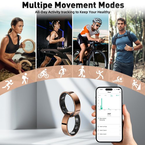 SARUNN ER Smart Ring with Sleep Monitoring, Step Counting, Heart Rate, Blood Oxygen, Blood Pressure for iPhone and Android, No Subscription Fee, IP68 Waterproof Health Tracker (Rose Gold, 7)