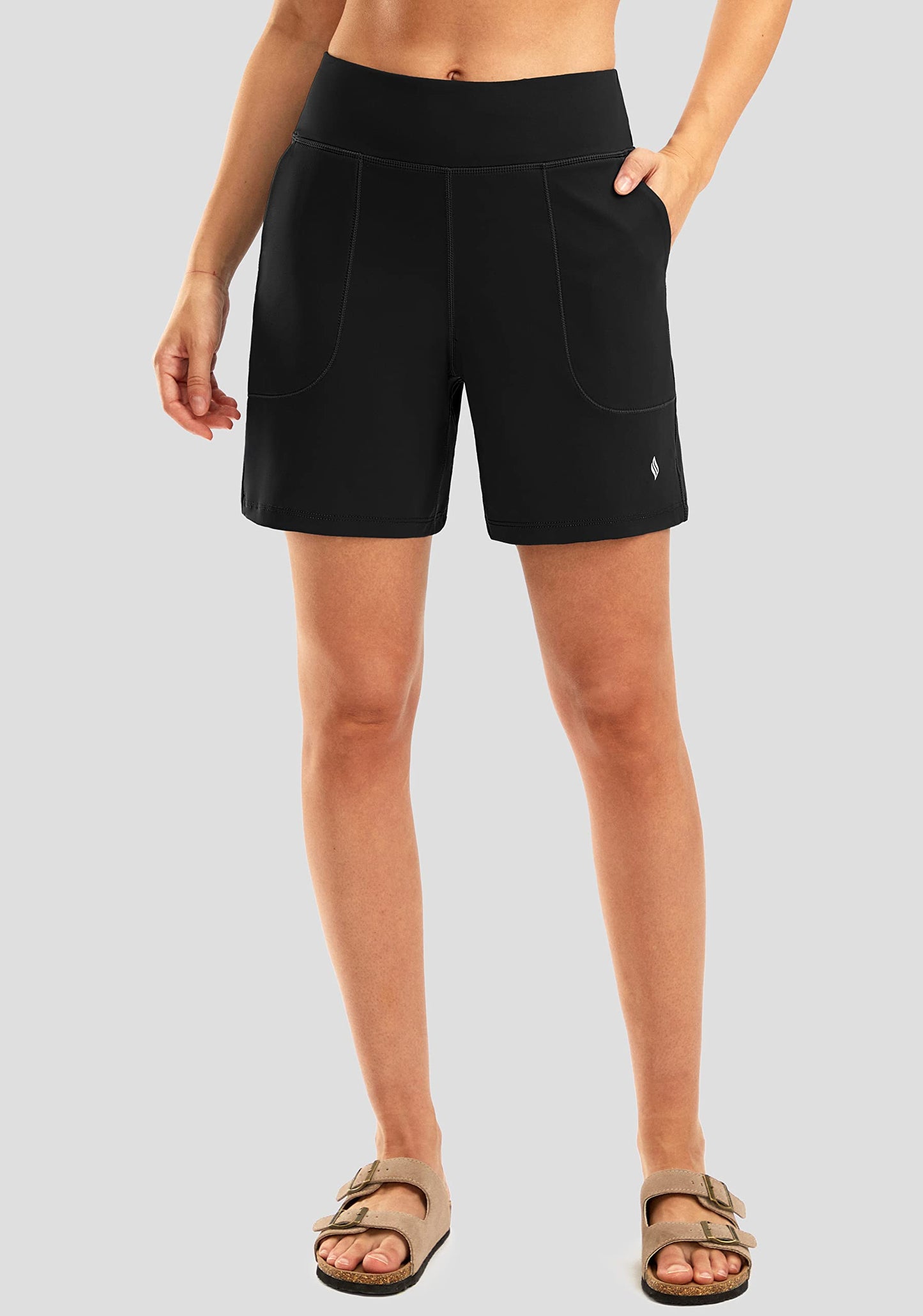 SANTINY Women's 6'' Athletic Long Shorts with 4 Pockets High Waisted Bermuda Shorts for Women Walking Running Casual (Black_XL)