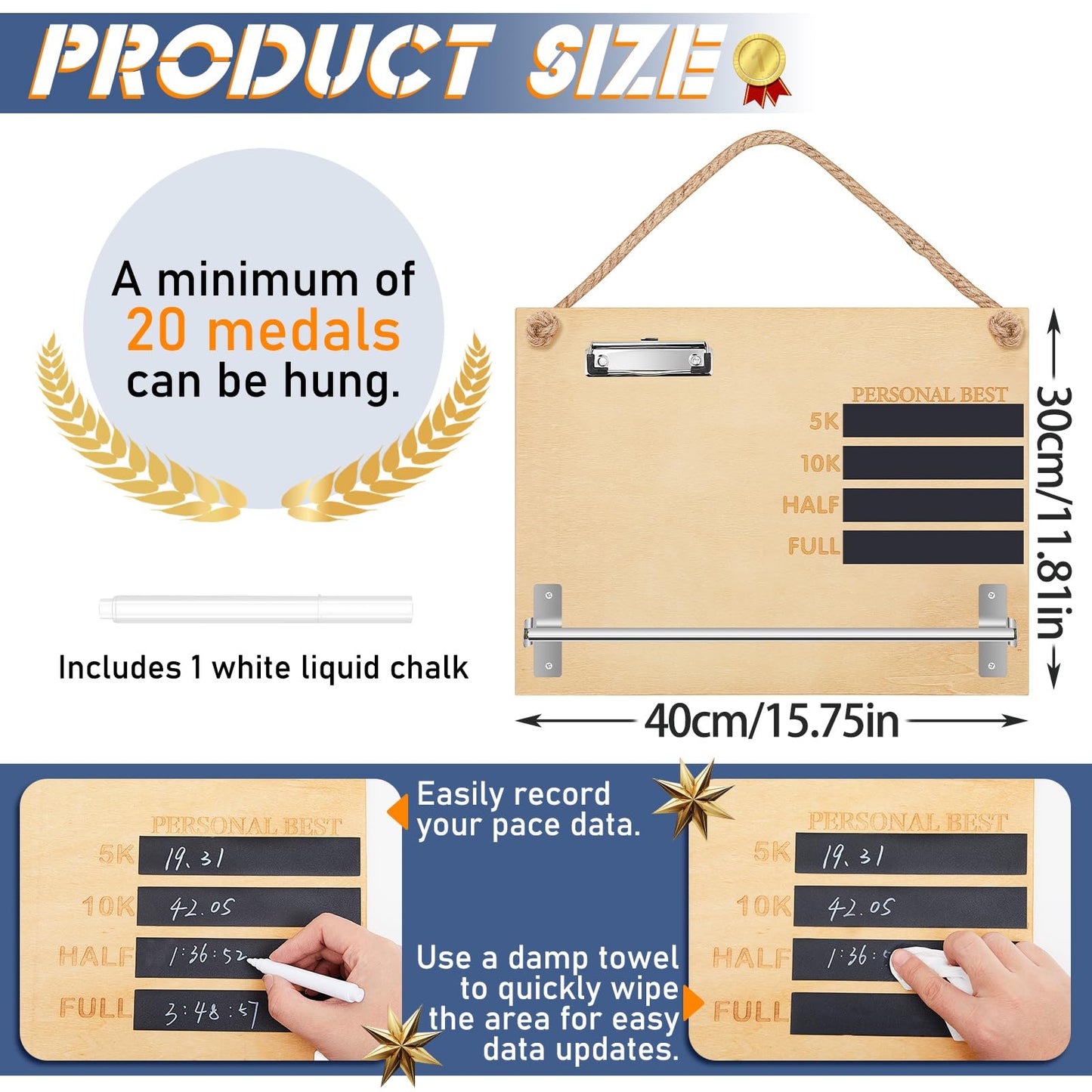 Threehoney Wooden Medal Hanger Display Running Medal Holder Wall Hanger Race Bib Boards Holder with Records Blackboard Chalk Holds 20 Medals Gift for Marathon Runners
