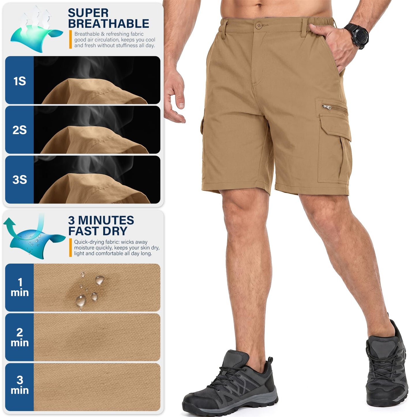 Jessie Kidden Mens Outdoor Casual Expandable Waist Lightweight Water Resistant Quick Dry Fishing Hiking Shorts (6222 Dusty Brown 42)