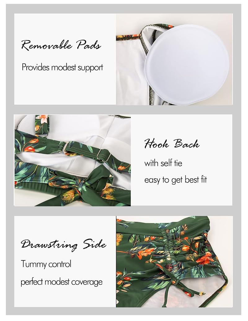 Plus Size Green Floral Two-Piece High Waisted Bikini – Hanna Nikole Variation: Green Flowers+18