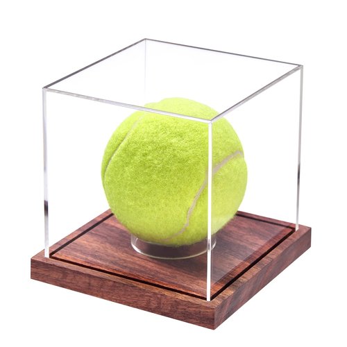 Baseball Display Case, No Assembly Required Clear Cube Tennis Ball Holder with Solid Wooden Base, Autograph Baseball Stand Box for Single Ball (1 Pack)