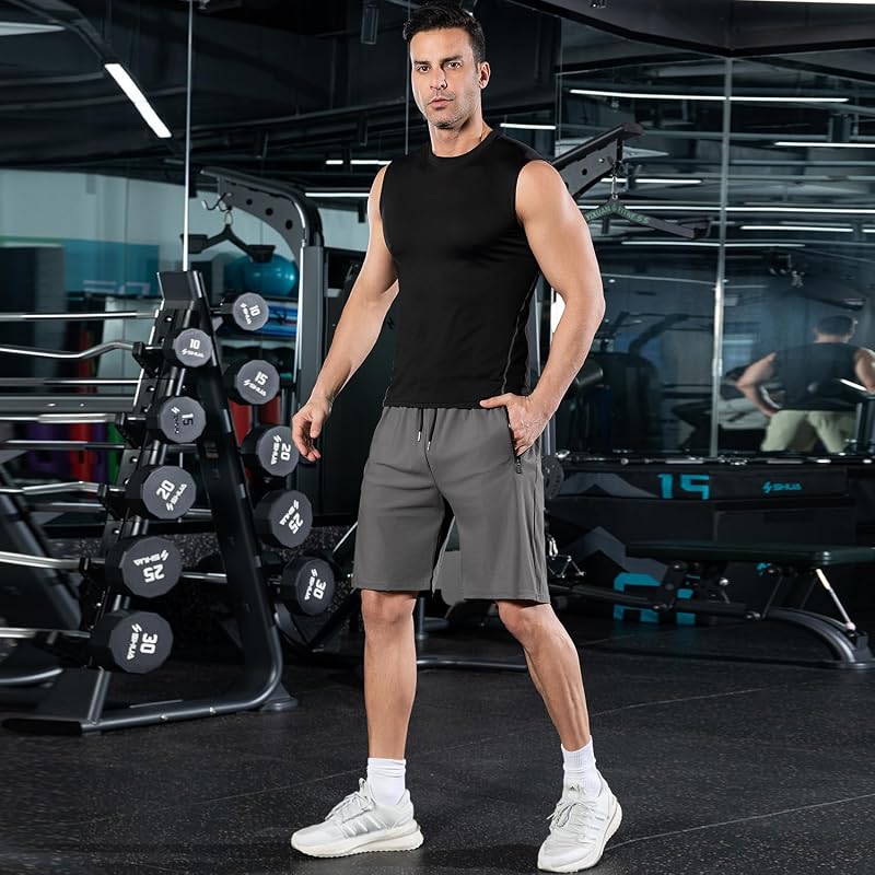 Lightweight Men's Athletic Shorts with Zipper Pockets - Quick-Dry 2-Pack (Black/Grey, Large) - Running, Gym, Basketball