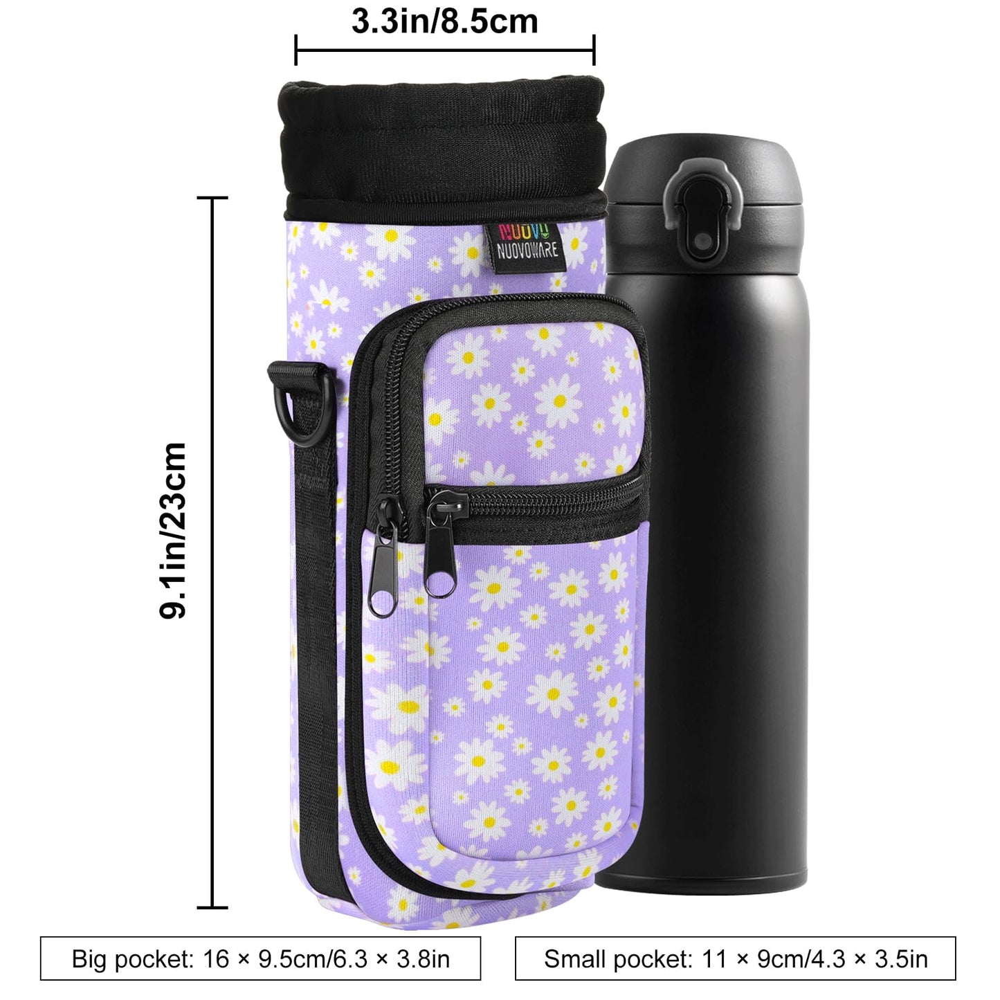 Nuovoware Water Bottle Carrier Bag, 25oz/32oz Bottle Pouch Holder, Adjustable Shoulder Hand Strap 2 Pocket Sling Neoprene Sleeve Sports Accessories for Hiking Travelling Camping, PurpleDaisy