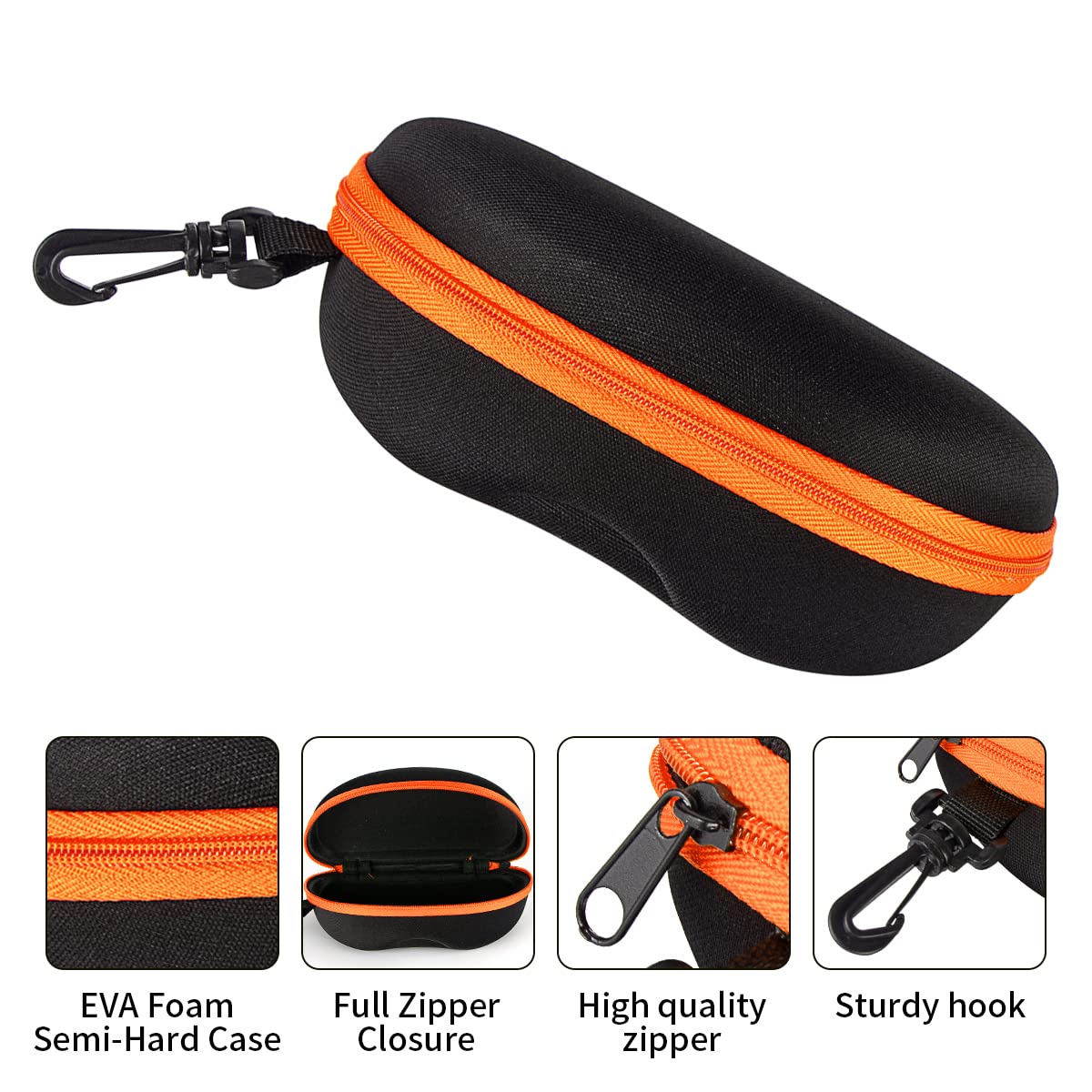 PG6 Zipper Shell Sunglasses Glasses Case with Belt Loop, Clip, Plastic Carabiner Hook