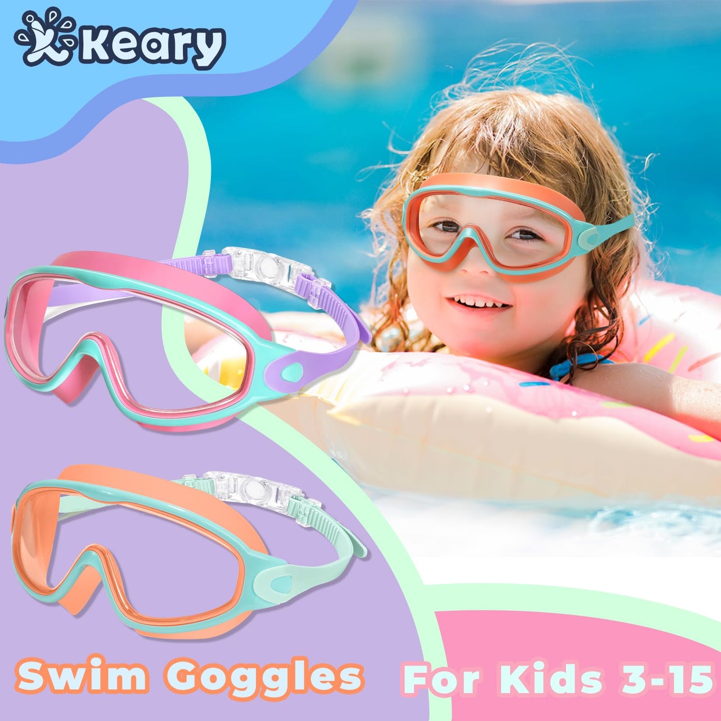 Keary 2 Pack Swim Goggles for Kids 6-14 8-14 Kids Swimming Goggles Age 3-15 4-7 4-16 8-12 For Boys Girls Youth Toddler Children Pool Water Goggle Anti Fog UV Protection Clear Wide View Waterproof Pink