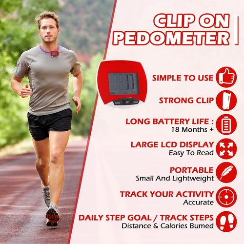 Copkim 4 Pcs Pedometers for Walking Step Counter Step Tracker Steps and Miles LCD Counters Portable Clip on Pedometers for Seniors Women Jogging Hiking Running Walking(Red)