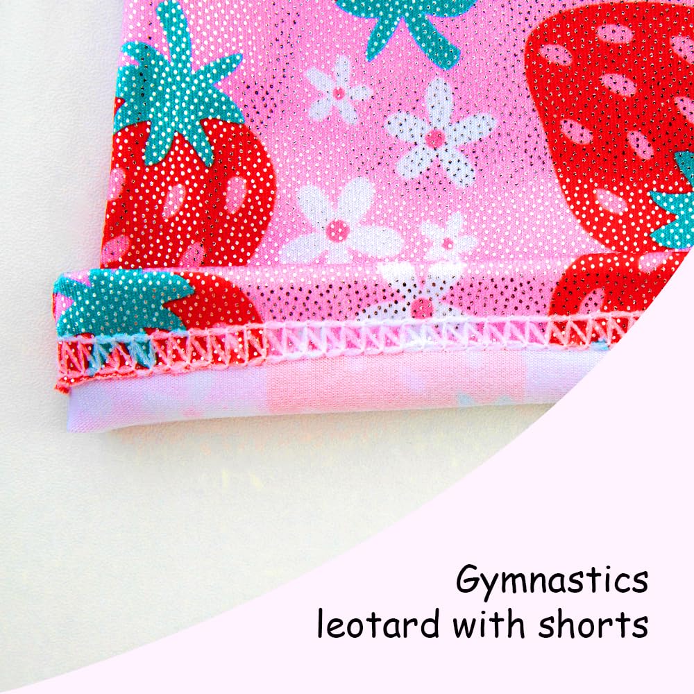 Gymnastics Leotards for Girls Toddler Ballet Dance Tumbling Outfits 9 10 Kids Sleeveless Gymnastic Biketard with Shorts Sparkly Dancwear Unitards Clothes Bodysuit (Pink Strawberry, 9-10 Years)