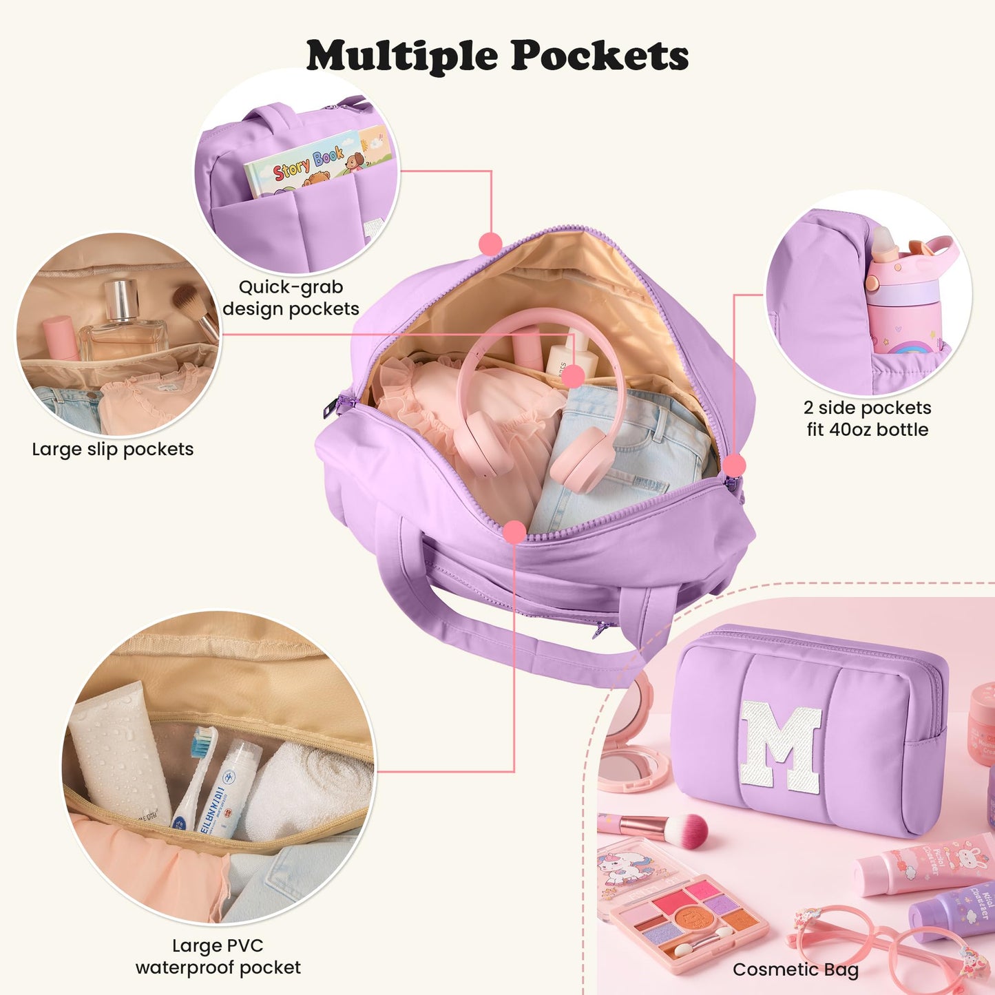 Vogewood Gifts for Teenage Girls-Gifts for Women Unique Initial Duffle Bag, Carry On Bags，Overnight Bag with Wet Pocket，Lightweight Travel Bags Personalized Gym Tote with Makeup Pouch