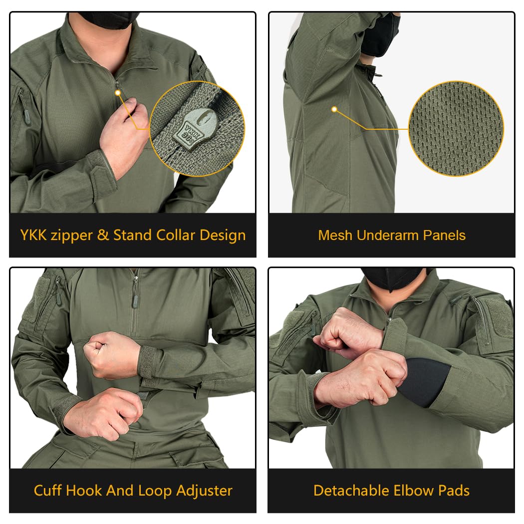 IDOGEAR Men’s Tactical Military Shirts 1/4 Zip Combat BDU Shirts Camo Long Sleeve with Pockets for Outdoor Airsoft Paintball(Ranger Green,Medium)