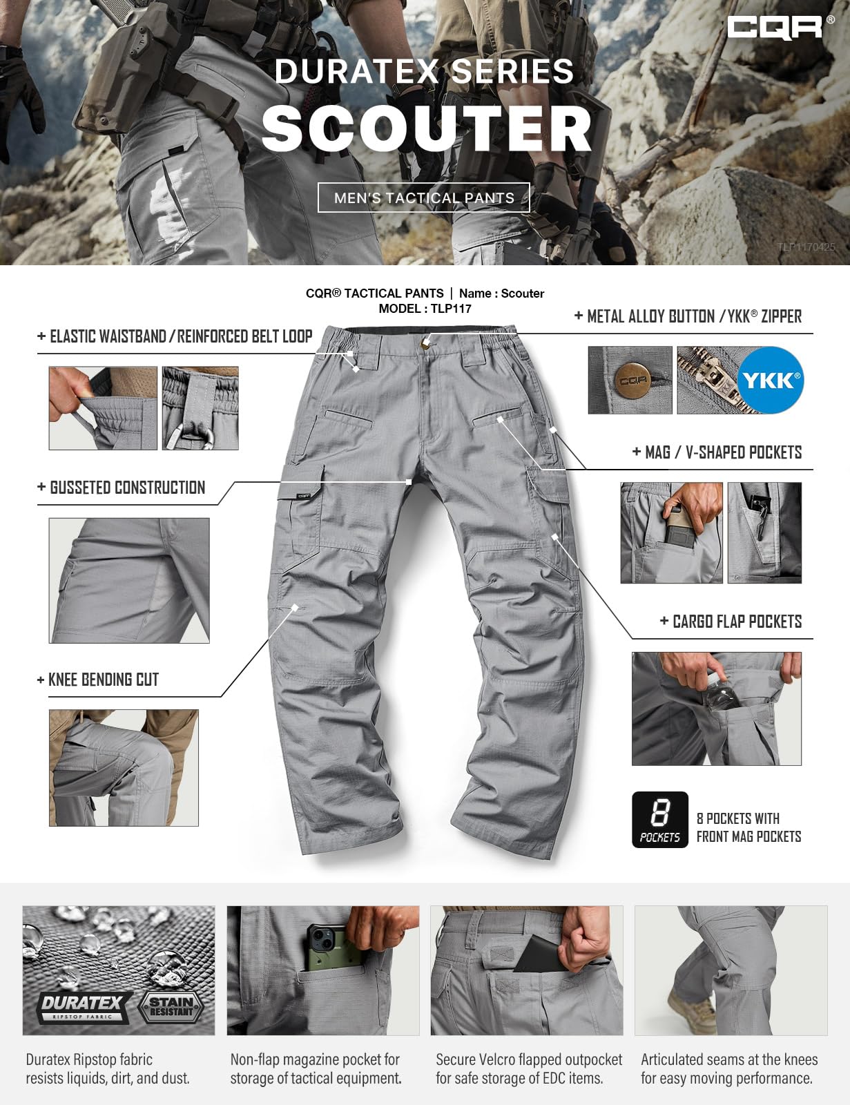 CQR Men's Tactical Pants, Water Resistant Ripstop Cargo Pants, Lightweight EDC Work Hiking Pants, Outdoor Apparel, Raider Stone, 44W x 30L