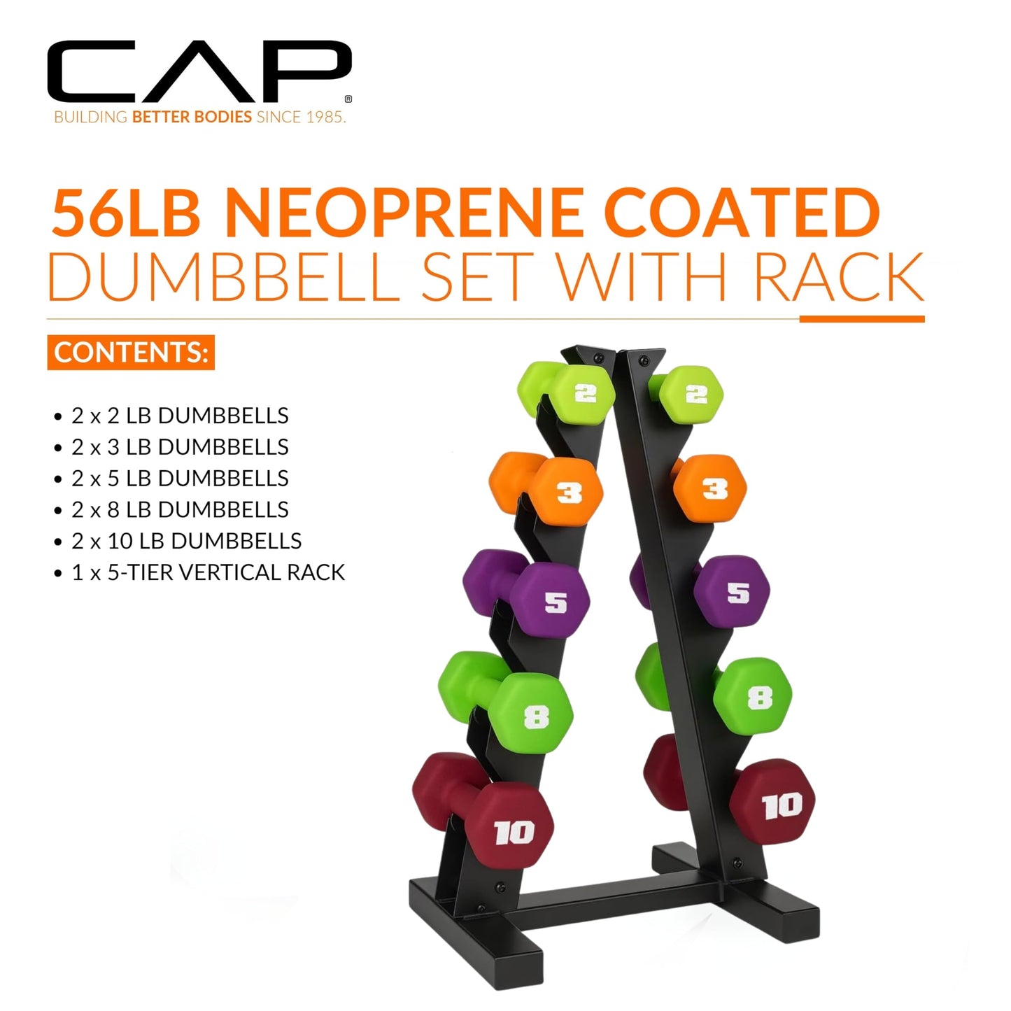 CAP Barbell 56 LB Set of Neoprene Dumbbells with Rack Color Series | 2, 3, 5, 8, 10 LB pairs