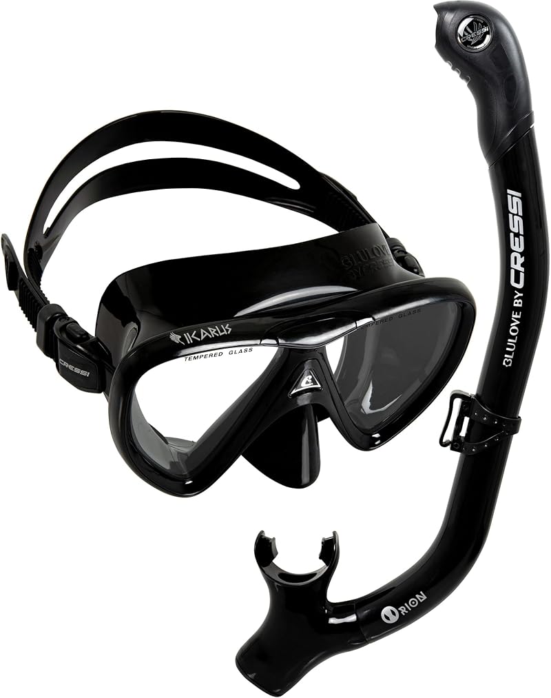 Cressi Ikarus & Orion Snorkeling Set - Semi-Dry Mask & Snorkel, Black