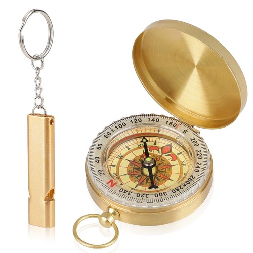 Camping Hiking Survival Compass Copper Clamshell Metal Compass Kids for Hiking Mini Whistle for Camping Hunting Outdoor Navigation Tool