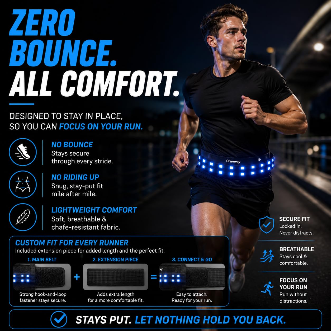 Colorway LED Running Belt - Reflective Running Gear with Removable Light Strip, 5 Bright Colors, USB Rechargeable, Adjustable Waist Pack, High Visibility, Night Safety Belts for Men and Women