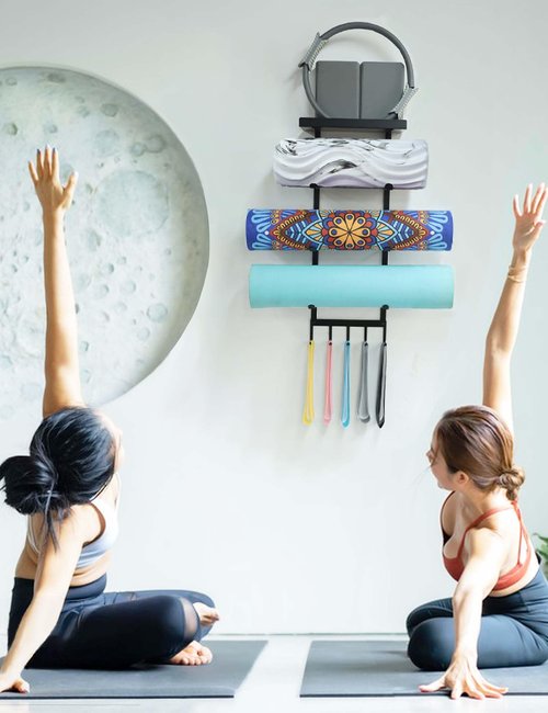 Yoga Mat Holder Wall Mount, Home Gym Storage Rack with Top Flating Shelf, 4-Tiers Holding Yoga Mat/ Blocks/ Rollers and Decorations, 5 Hooks for Resistance Bands, Skipping-Rope, Small Gym Equipment