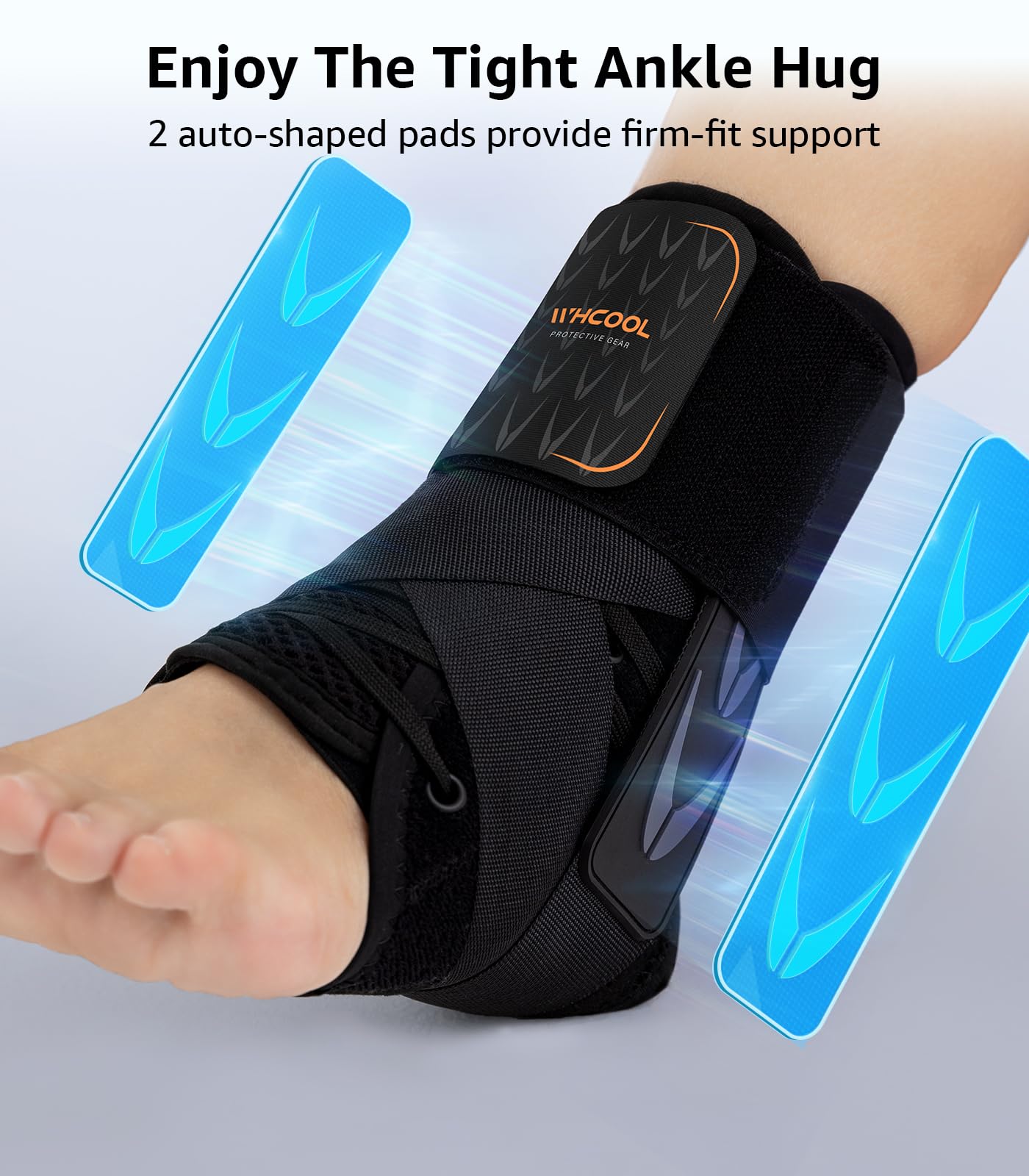 WHCOOL Slim-Fit Ankle Brace for Sprained Ankle, Quick Lace Up Ankle Support for Women Men with 2 Auto-Shaped Pads, Air Fabric Cool Ankle Stabilizer for Injury Recover, Running,Sports, L(13”-14”)
