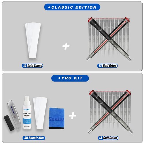 Geoleap Golf Grips Set of 13 - Grips with 15 Tapes and Repair Kits, High Feedback Back Rib Technology, All-Weather Cross Corded Rubber Performance (Grey-Classic, 13 Grips with 15 Tapes)