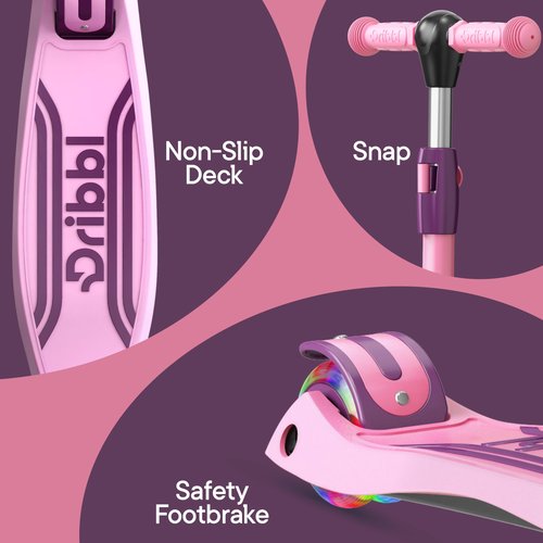 Dribbl 3-Wheel Kids Scooter - Lean-to-Steer Technology, Adjustable Height Handlebar, Wide Deck, Scooter for Boys & Girls Ages 3+, Child Safety Approved, Support Riders Up to 165 lbs, Purple and Pink